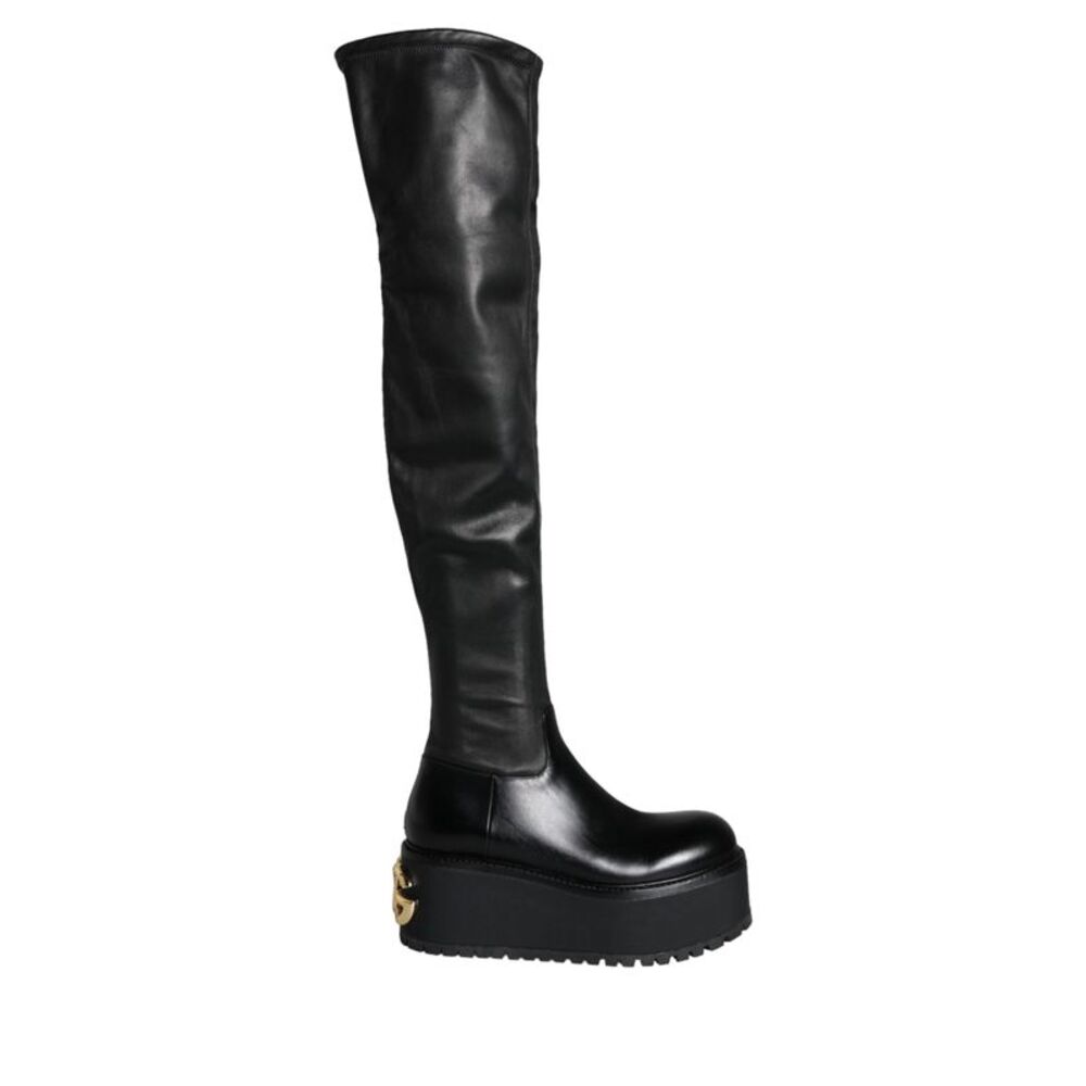 Dolce & Gabbana Black Leather Logo Knee High Boots Women's Shoes